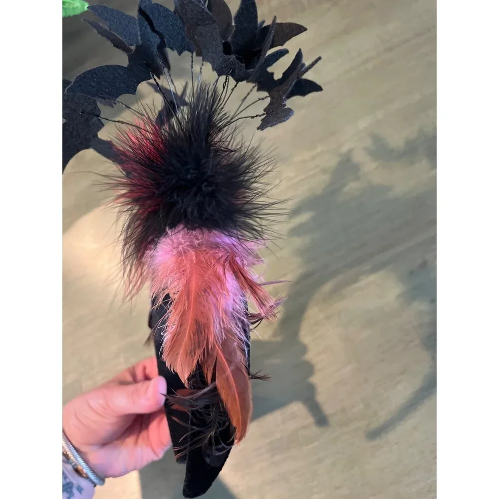 Black Bat Fascinator Headband With Red & Black Feathers Halloween Costume Access